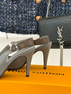 Beige-brown monogram slingback pumps with slender stiletto heel