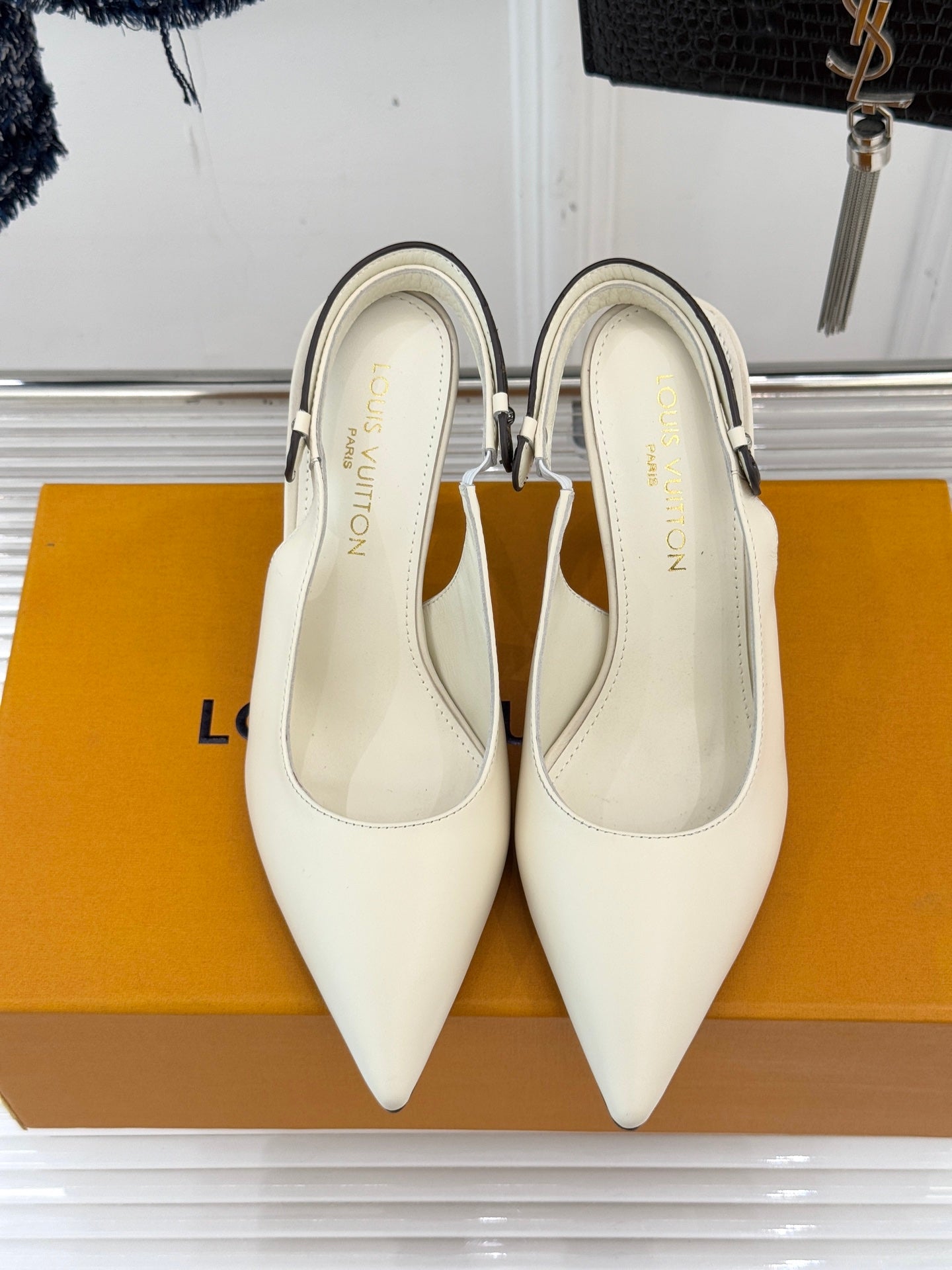 Louis Vuitton women's cream pointed-toe high-heel mules, front view