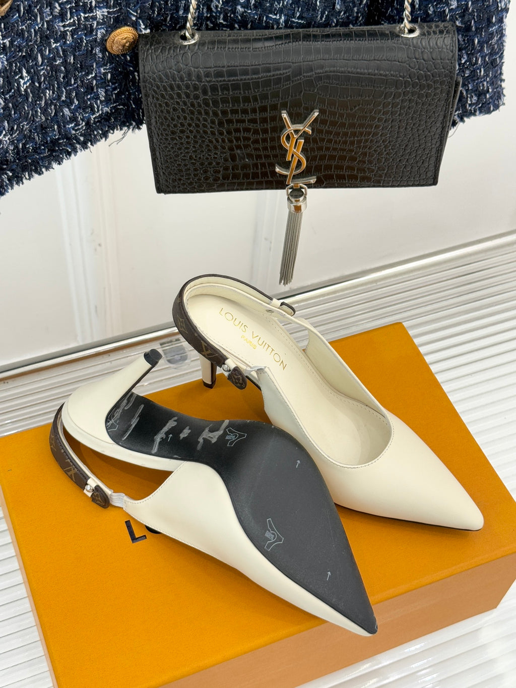 Louis Vuitton women's cream pointed-toe high-heel mules with slingback strap