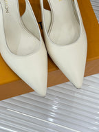 Louis Vuitton women's cream pointed-toe high-heel mules, close-up front