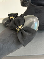 Chanel ladies ankle boot bow detail on toe with gold-tone chain clasp, dark suede.