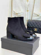 Chanel ladies suede ankle boots with bow detail and block heel, dark blue.