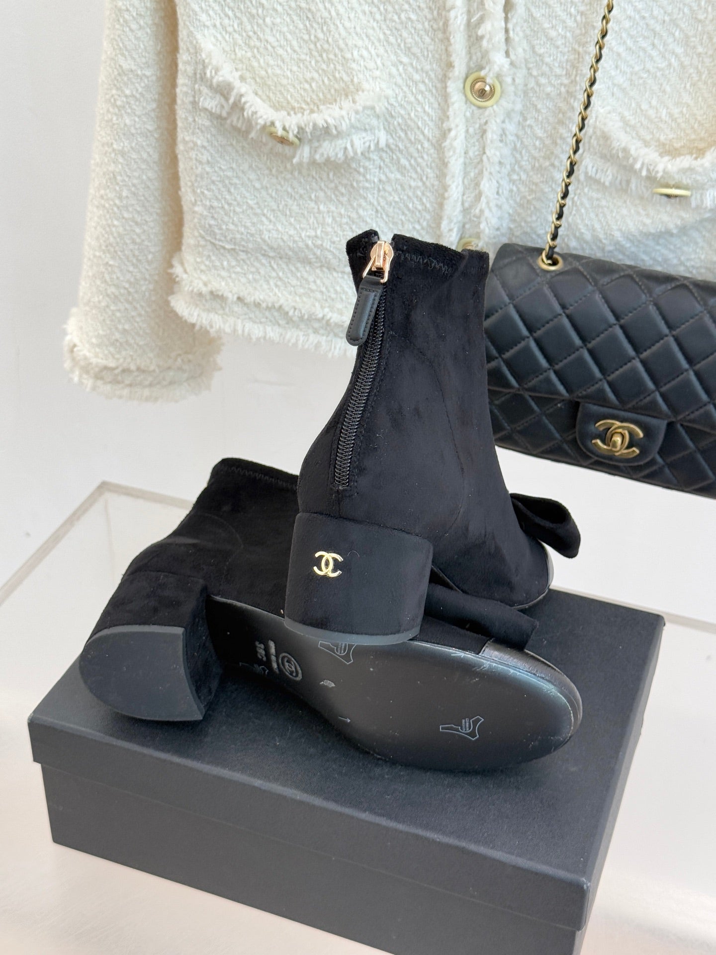 Chanel ladies ankle boots with side bow and zipper, pair on box, dark suede.