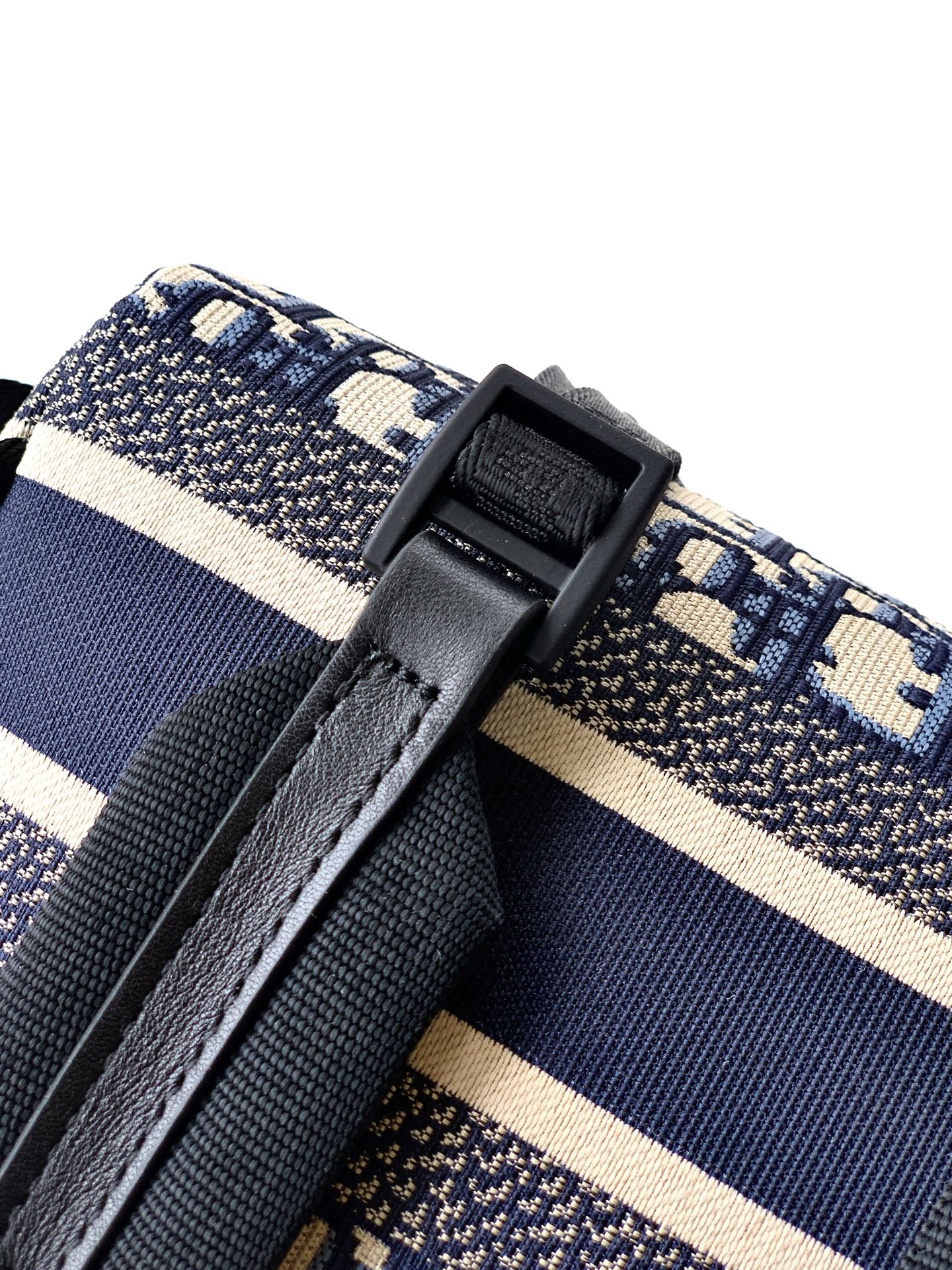 Dior backpack side close-up with black strap tab and blue/cream striped webbing