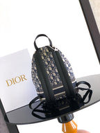 Dior mini backpack back view with black adjustable straps and striped logo trim
