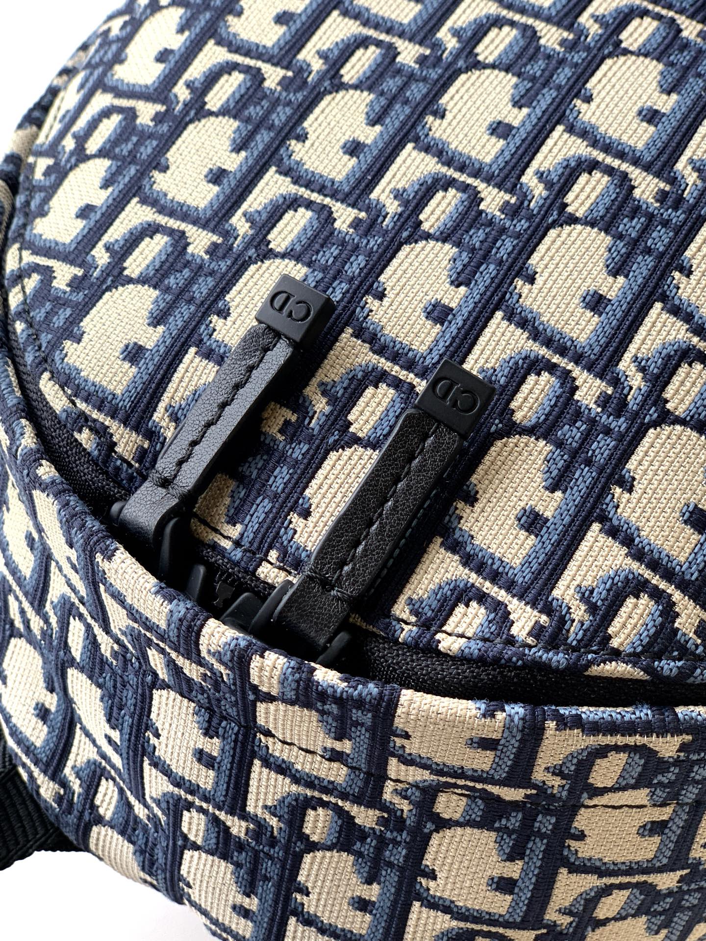 Dior mini backpack fabric close-up with blue-and-beige geometric logo pattern