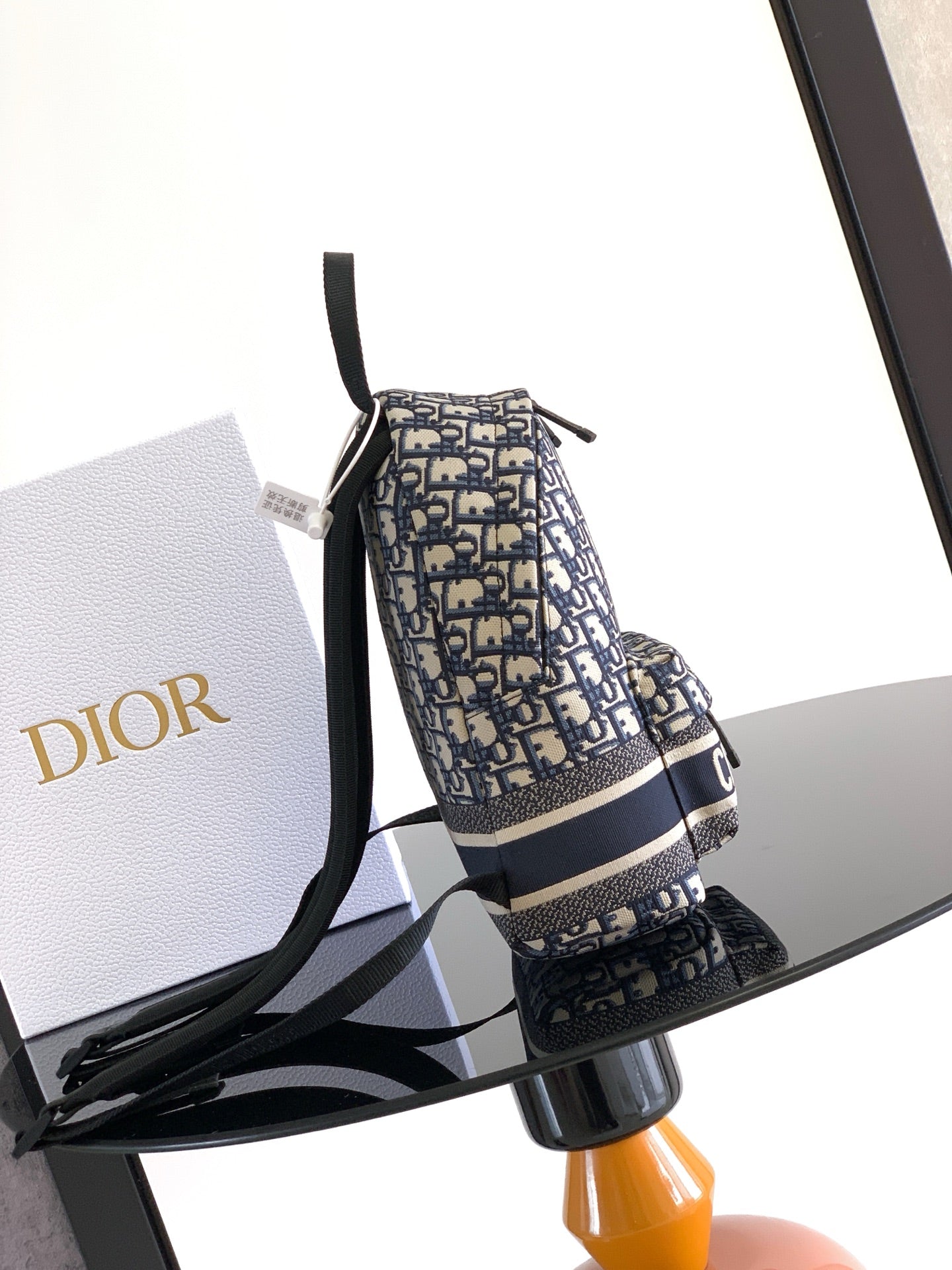 Dior mini backpack side view with adjustable black strap and woven logo panel