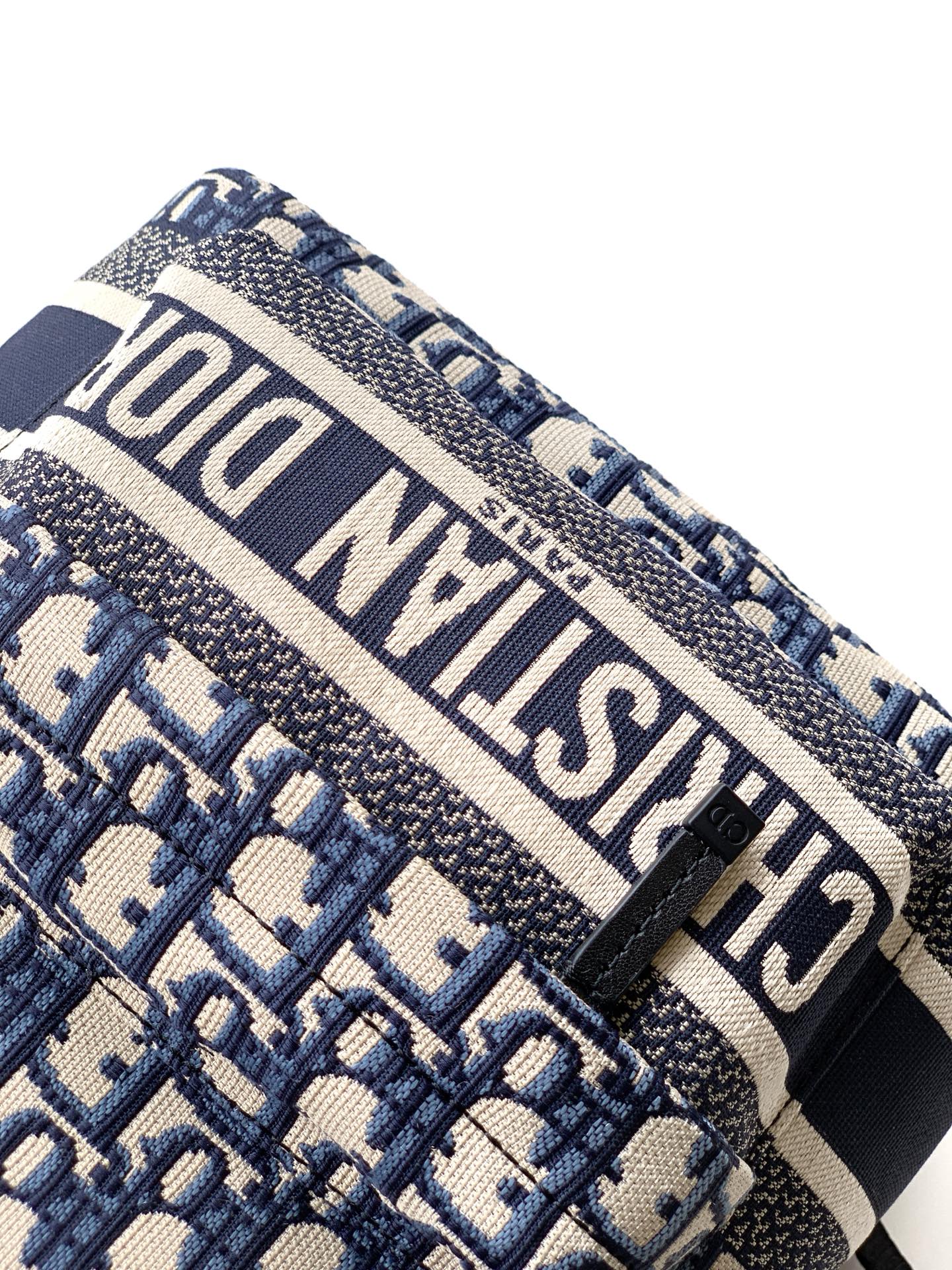 Dior backpack fabric close-up in blue and cream with bold logo lettering