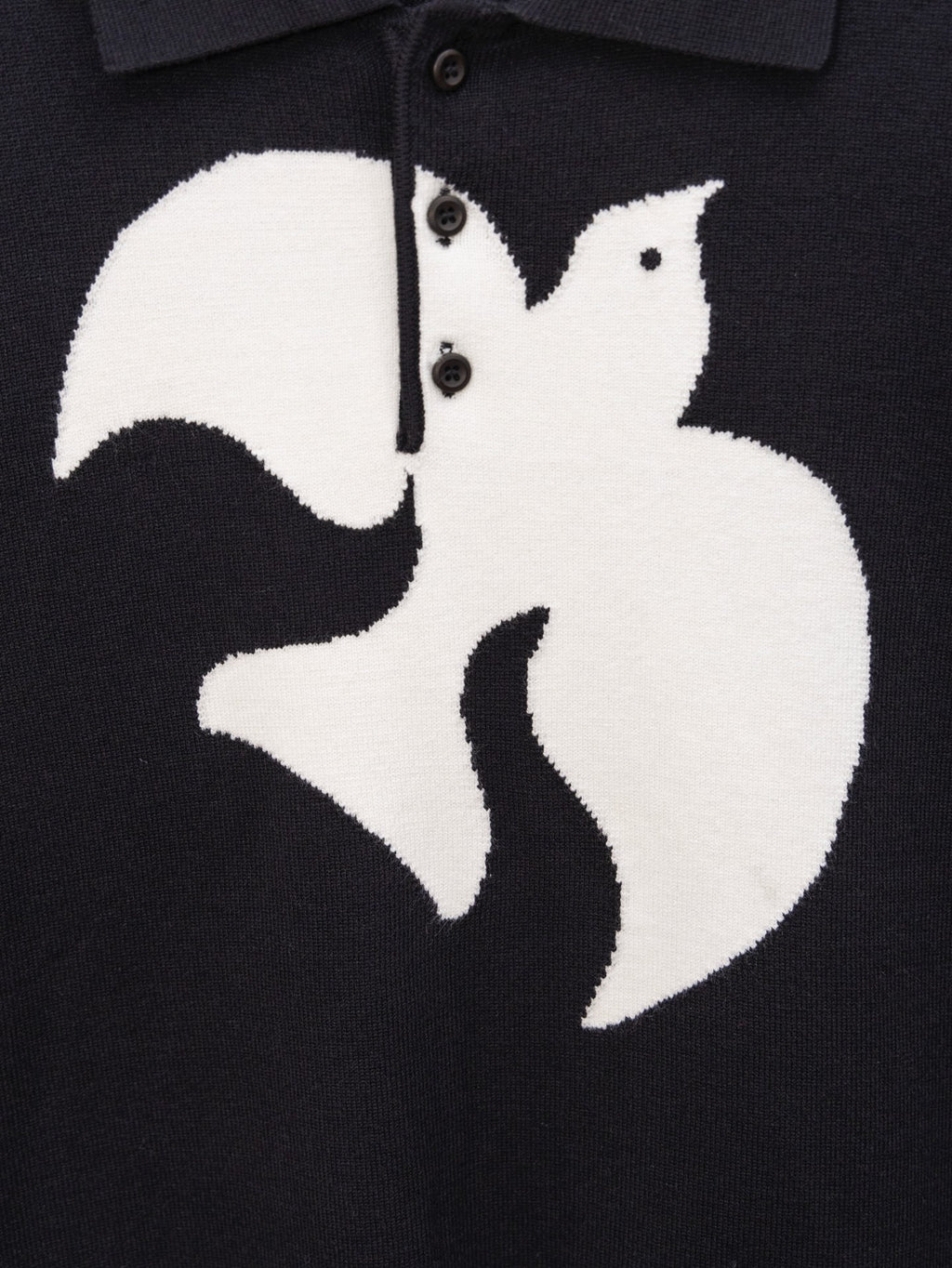 Black sweater chest graphic close-up with button placket detail