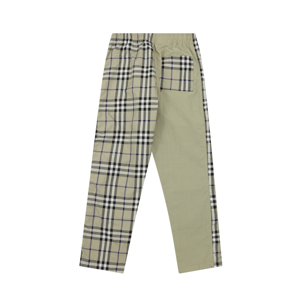 Two-tone plaid and solid pants with elastic waistband, beige with black and blue