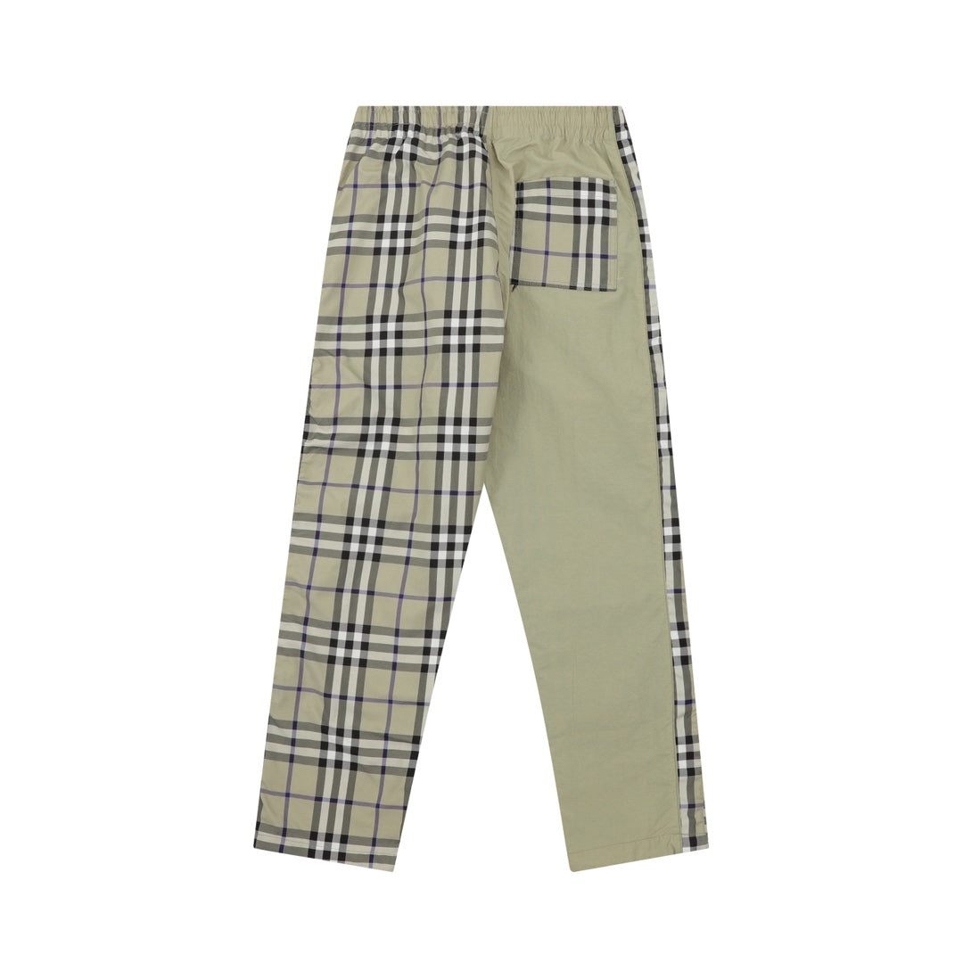 Two-tone plaid and solid pants with elastic waistband, beige with black and blue