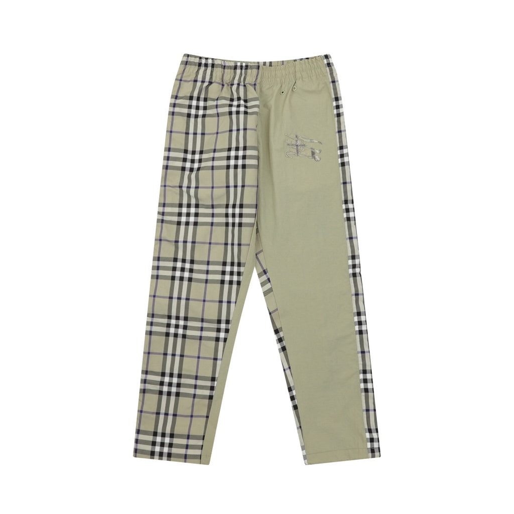 Plaid panel pants with elastic waistband, beige with black and blue grid