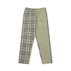 Plaid panel pants with elastic waistband, beige with black and blue grid