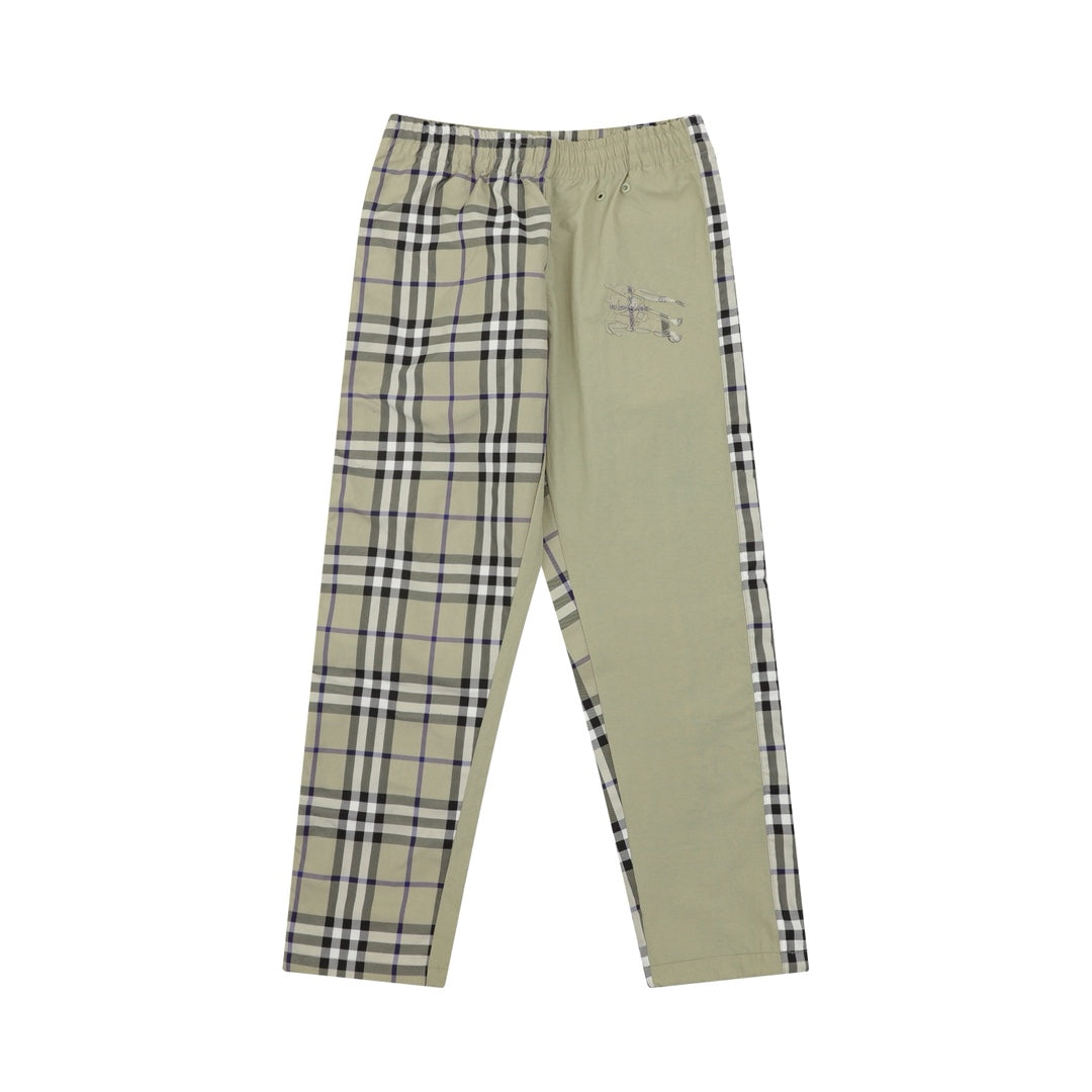 Plaid panel pants with elastic waistband, beige with black and blue grid