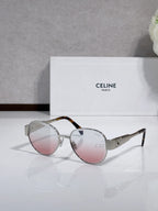 Round sunglasses with silver frame, pink-tinted lenses, tortoise-look accent arms