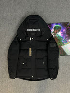 Black hooded puffer jacket with Burberry logo on the hood