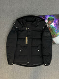 Black hooded puffer jacket with zip front and snap buttons