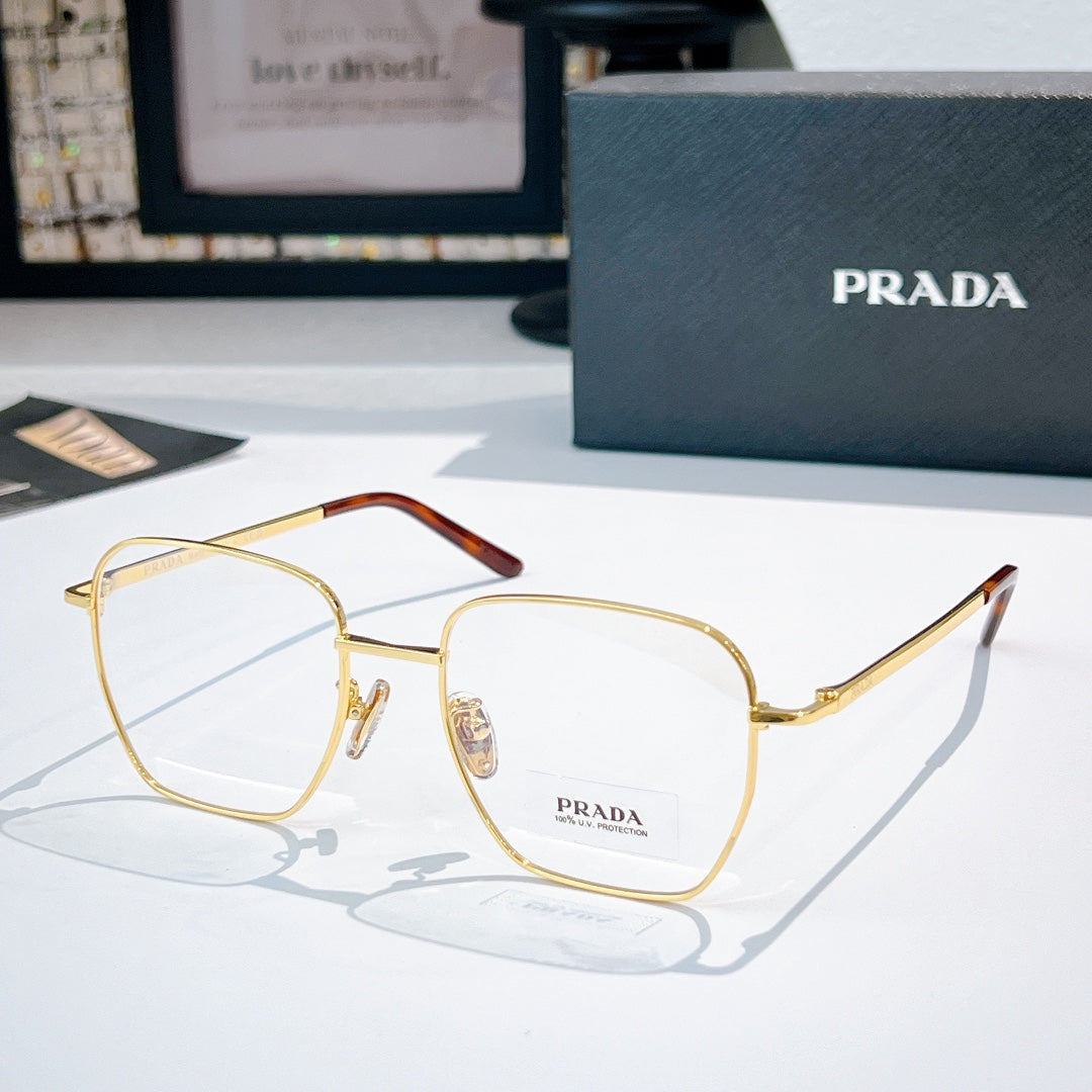 Prada glasses with gold square frames and clear lenses, side logo on temple.