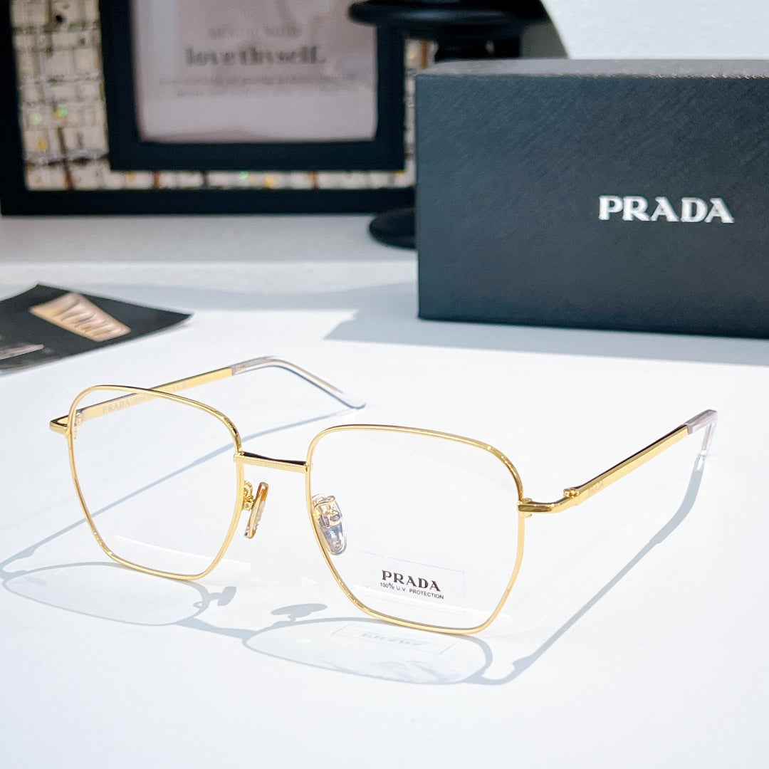 Prada glasses with gold square frames and clear lenses, front logo on lens bridge.