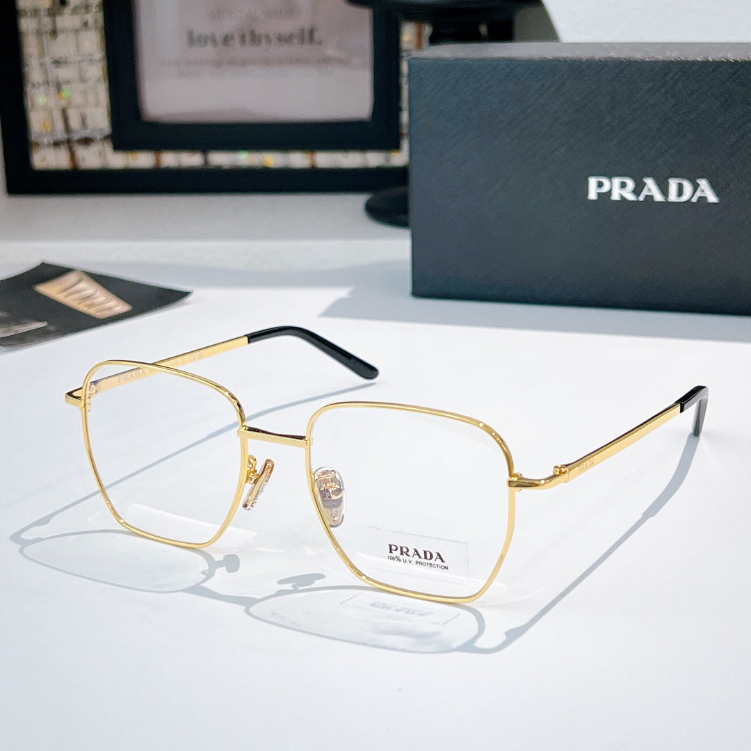 Prada glasses with gold square frames and clear lenses, dark temple arms visible.