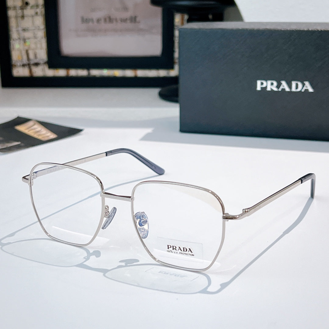 Prada glasses with silver square frames and clear lenses, temple logo detail.