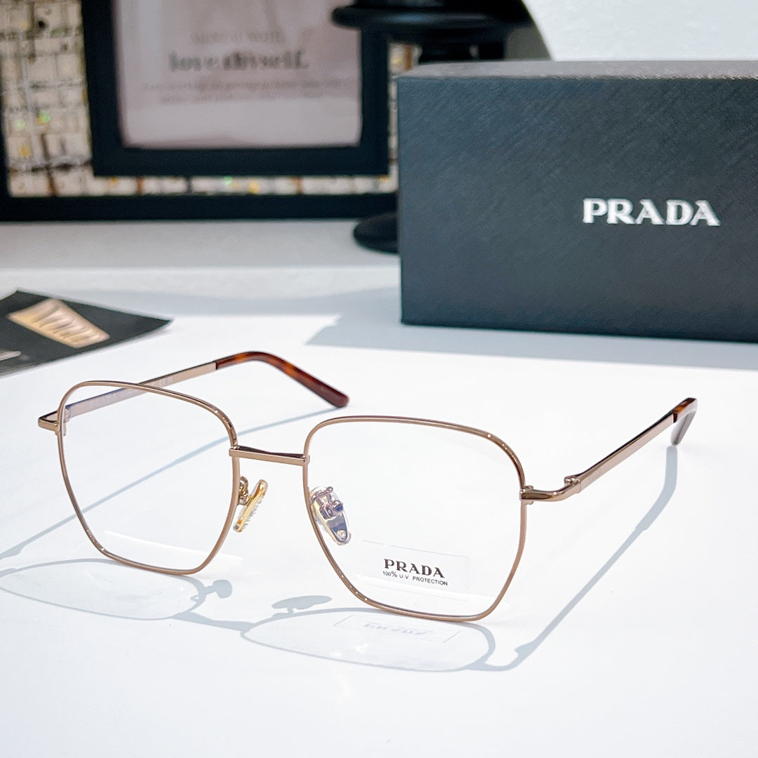 Prada glasses with rose-gold square frames and clear lenses, tortoise-toned temple.