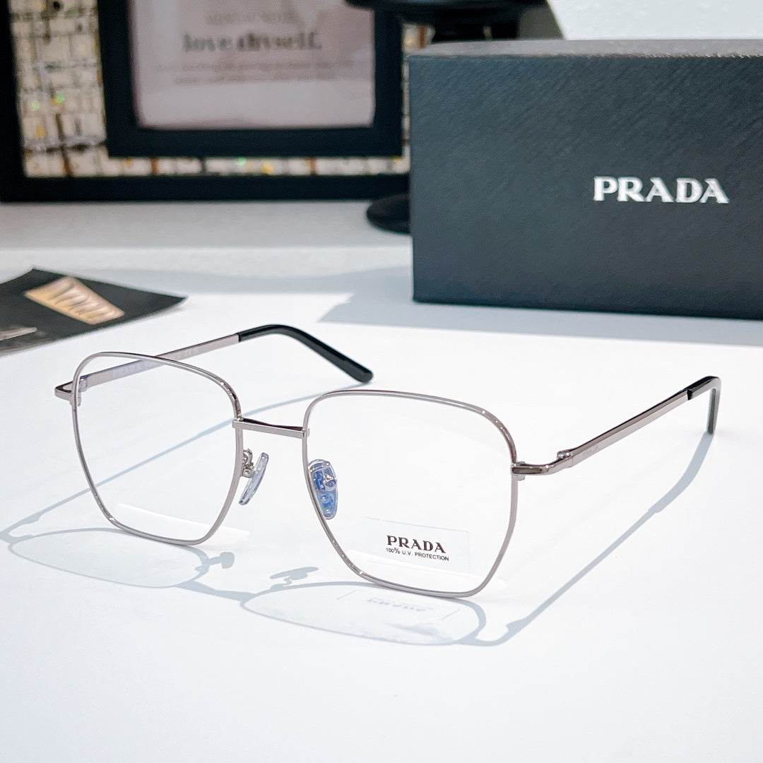Prada glasses with silver square frames and clear lenses, dark temple arms visible.