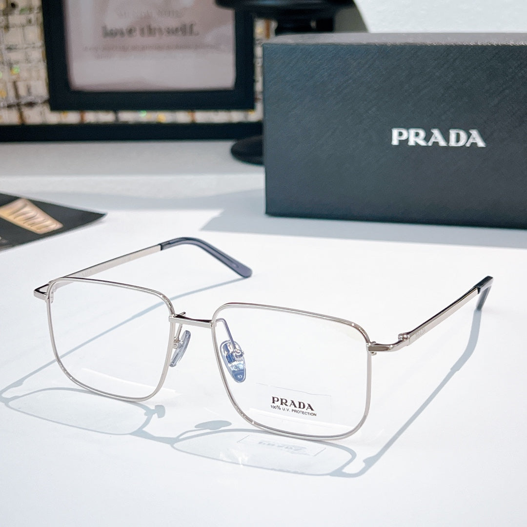 Prada eyeglasses with silver metal frame and clear lenses