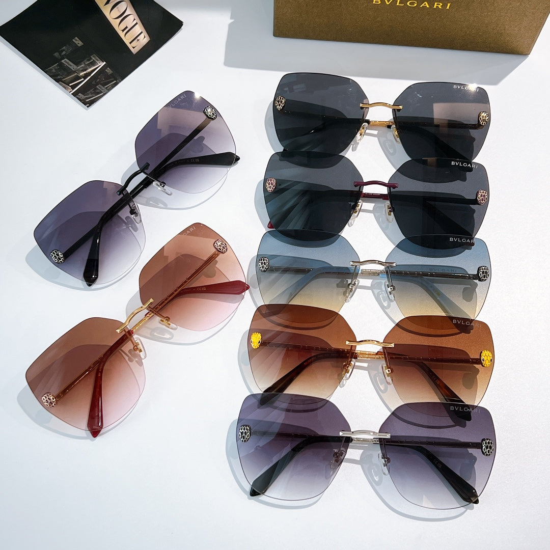 Bvlgari sunglasses set with dark, purple, amber, and blue tinted lenses on display