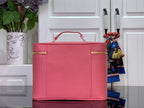 Louis Vuitton pink Epi leather handbag front with leather panels and top handles.