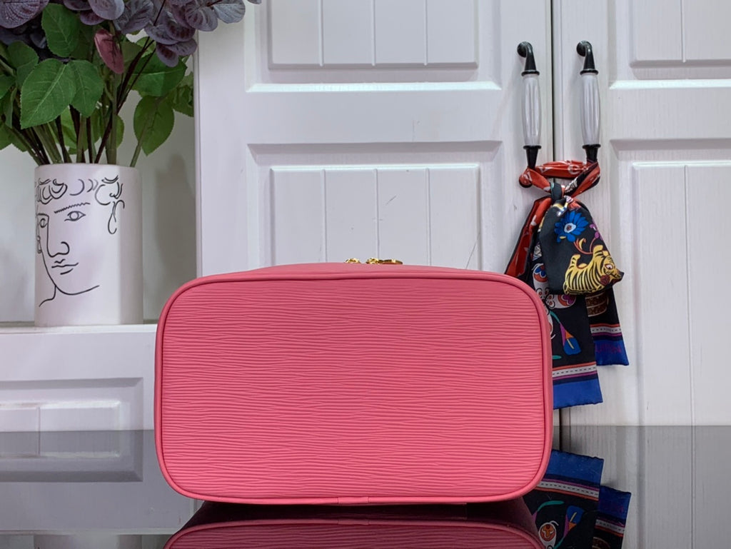 Louis Vuitton pink Epi leather zip-top handbag with rounded front profile.