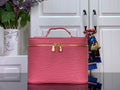 Louis Vuitton pink Epi leather handbag with top handles and gold-tone hardware.