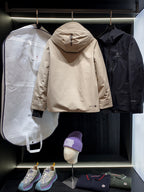 Beige hooded jacket back view with logo near center back