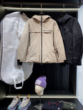 Beige long hooded jacket with full-length zipper and side pockets