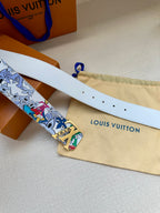 Louis Vuitton belt with white leather strap, perforations, and gold clasp