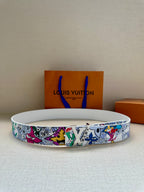 Louis Vuitton belt with white strap and colorful cartoon print; silver-toned buckle