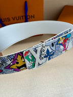 Louis Vuitton belt close-up: white strap with cartoon print and metal buckle