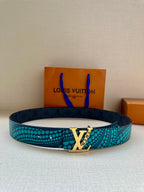 Louis Vuitton belt with turquoise dotted strap and gold-tone LV buckle