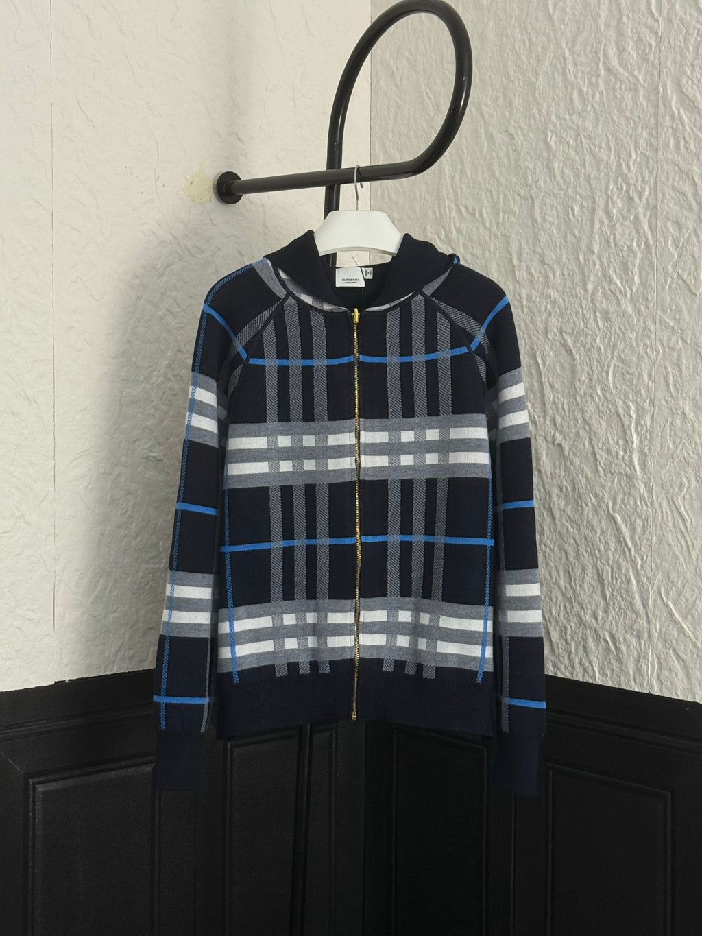 Navy Burberry plaid zip-up hoodie with long sleeves and front gold zipper