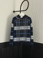 Navy Burberry plaid zip-up hoodie with long sleeves and front gold zipper