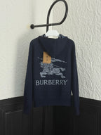 Navy Burberry hooded sweatshirt with front graphic print and zip-up style