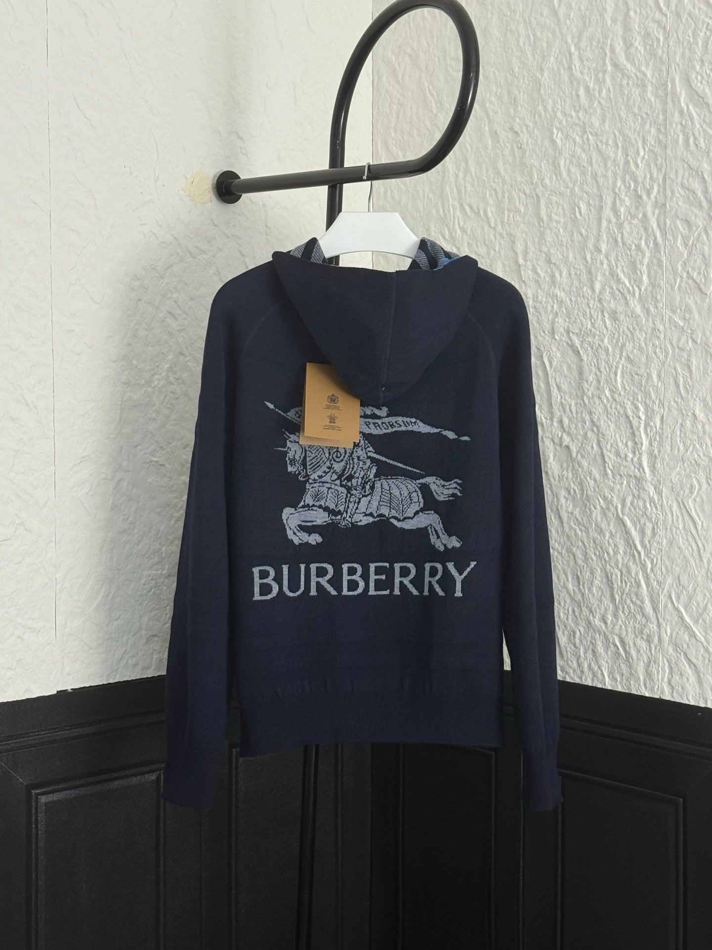 Navy Burberry hooded sweatshirt with front graphic print and zip-up style