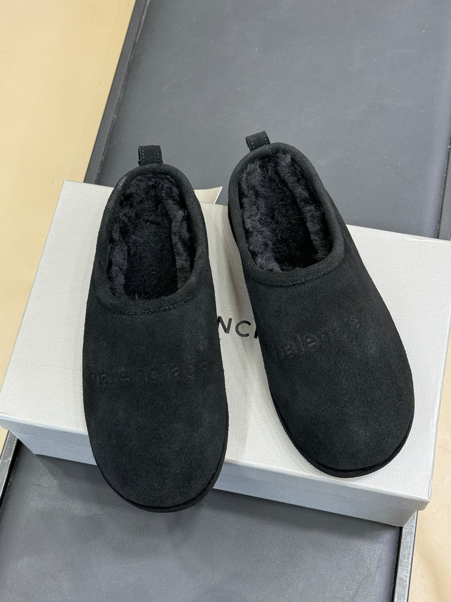 Black suede slip-on sandals, open heel with soft fleece lining