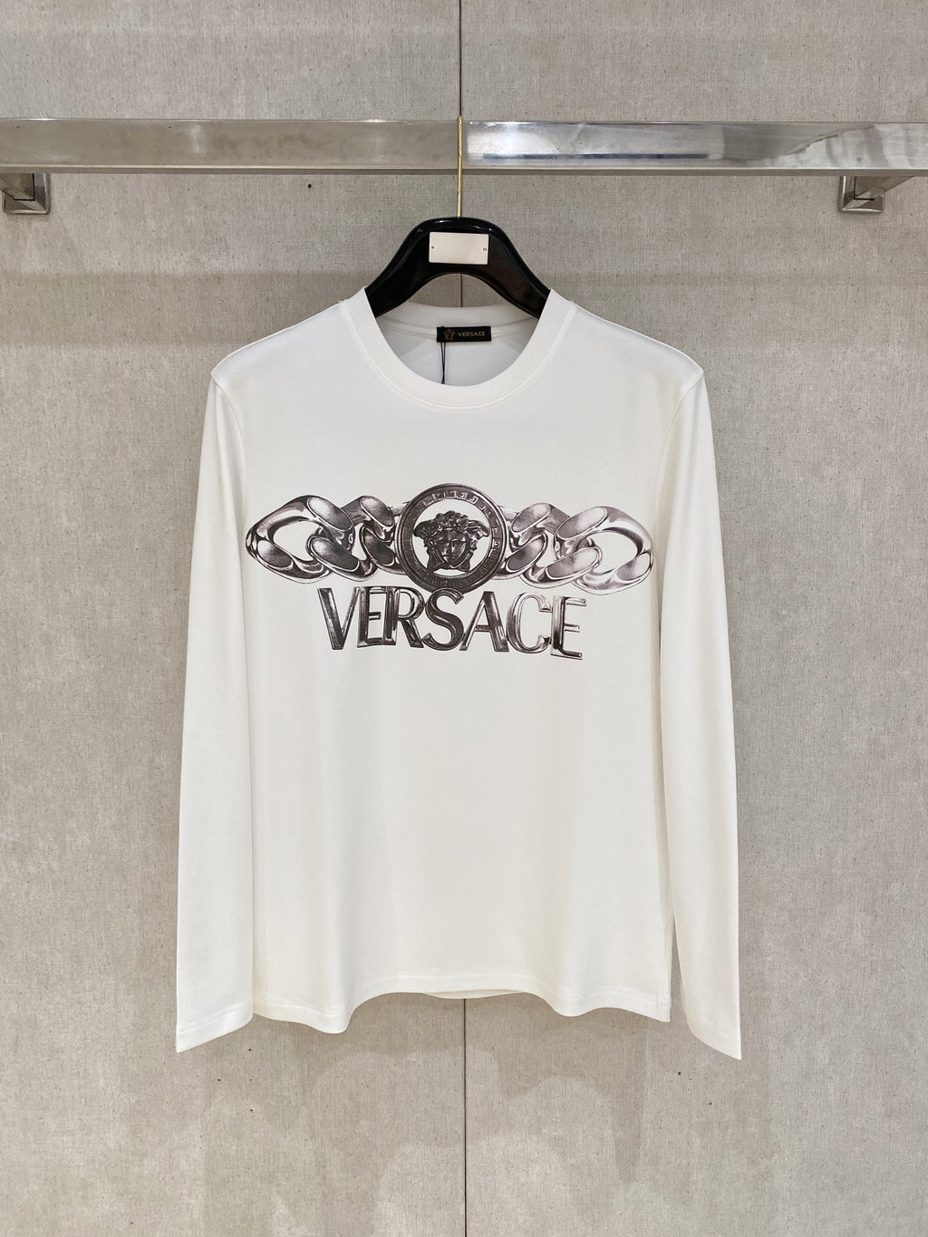 Versace logo graphic long-sleeve T-shirt, white with silver print at center