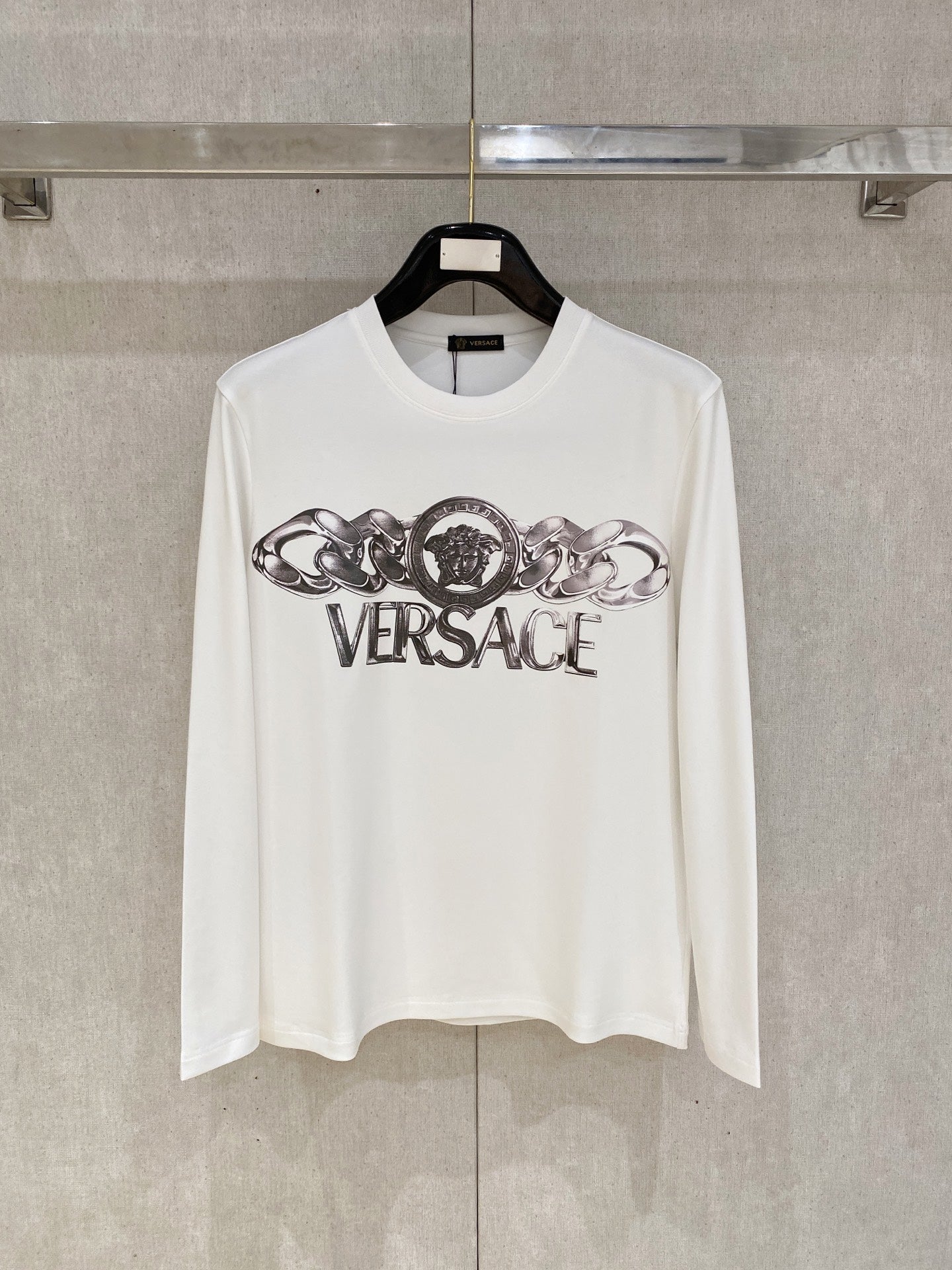 Versace logo graphic long-sleeve T-shirt, white with silver print at center