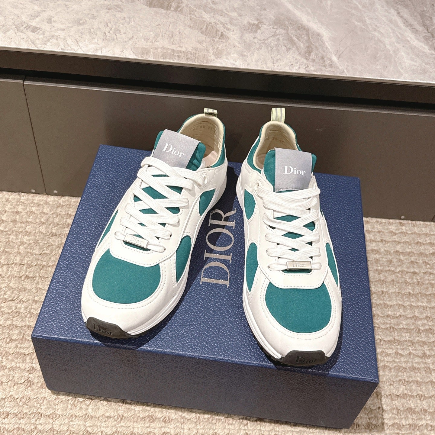 Unisex lace-up sneakers, white with teal inserts, Dior branding on side
