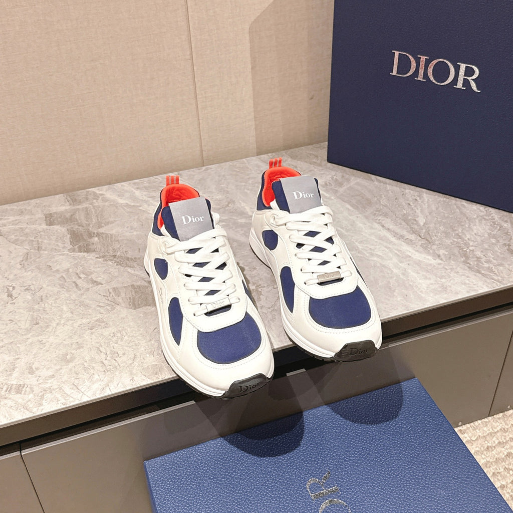 Dior unisex sneakers, white with navy oval panels and red heel accents