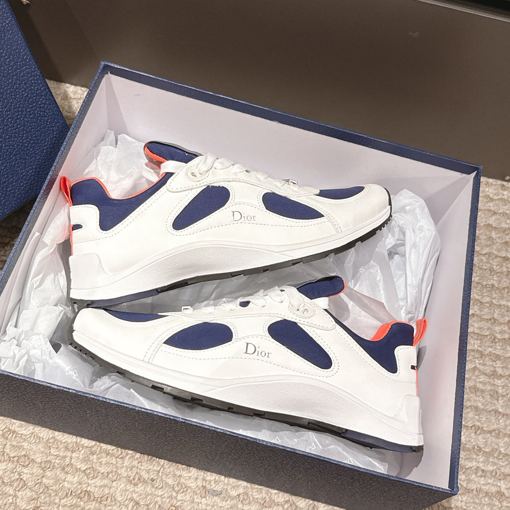Dior unisex sneakers in a box, white uppers with navy overlays and lace details