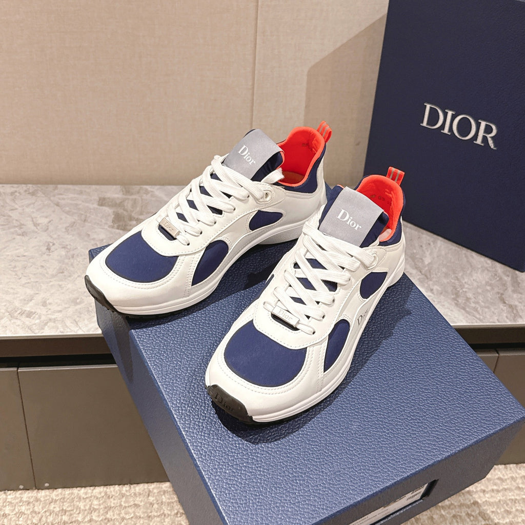 Dior unisex sneakers, white with navy overlays and orange-red interior lining