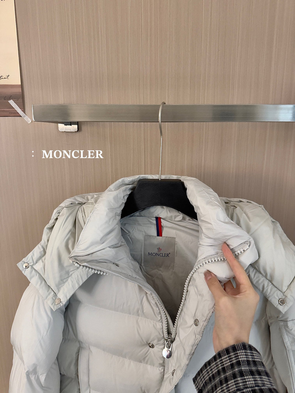 Moncler long white puffer jacket, open neckline with logo patch and zipper detail